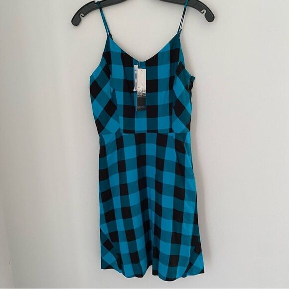 KENSIE Black + Teal Check V Neck A-Line Dres XS - Picture 1 of 3
